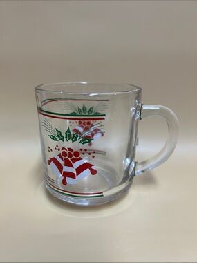 Vintage KIG Indonesia Clear Glass Holiday Mug with Red and Green Festive Design